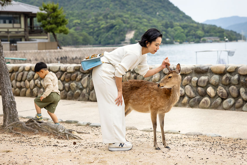 woman caressing a deer